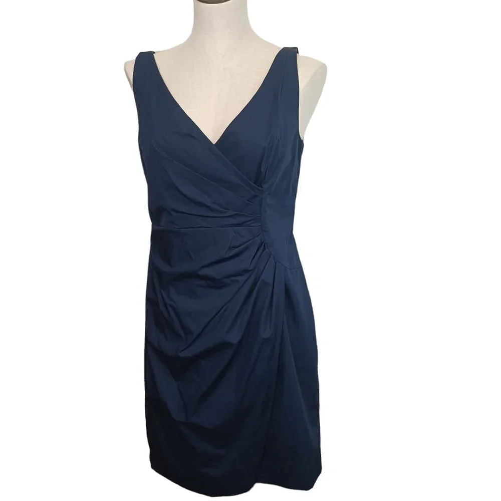 Ann‎ Taylor Navy Blue Ruched Faux Wrap V-Neck Sheath Dress Womens